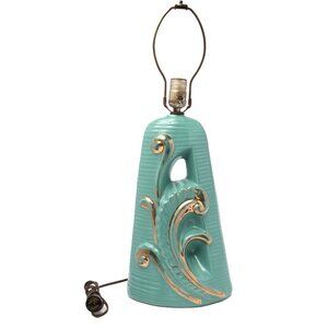 Vintage Art Deco Ceramic Lamp Turquiose Green Gold 50s Mid Century Ribbed